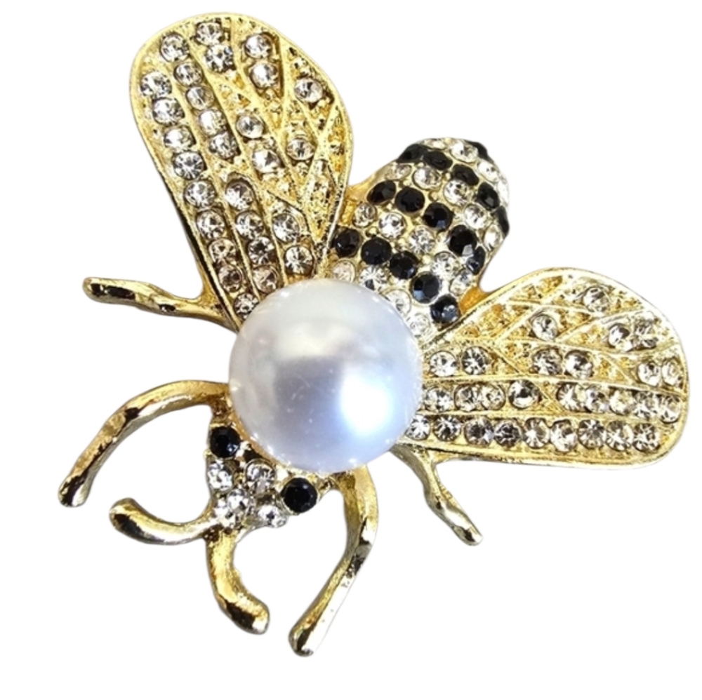 Gold Plated  Black Bumble Bee Rhinestone Faux Pearl Brooch Pin Lapel Scarf